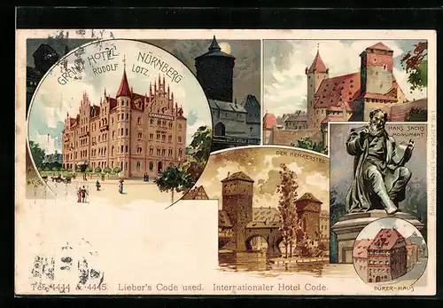 Lithographie Nürnberg, Grand Hotel Rudolf Lotz, Henkersteg u. Dürer-Haus