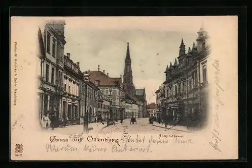 AK Offenburg, Hauptstrasse mit Blick auf Kirche