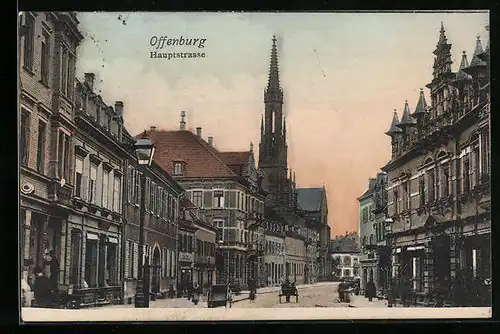 AK Offenburg, Hauptstrasse mit Kirche, Handkarren