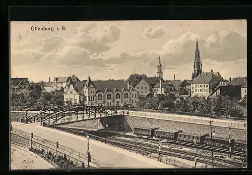 AK Offenburg i. B., Teilansicht mit Brücke und Eisenbahn aus der Vogelschau
