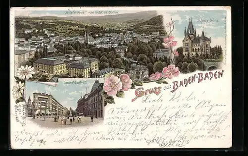 Lithographie Baden-Baden, Leopoldsplatz, Schloss Solms, Totalansicht