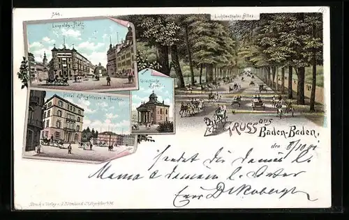 Lithographie Baden-Baden, Hotel d`Angleterre & Theater, Leopolds-Platz, Griechische Kapelle