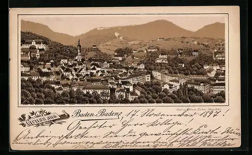 Lithographie Baden-Baden, Ortsansicht mit Bergpanorama aus der Vogelschau