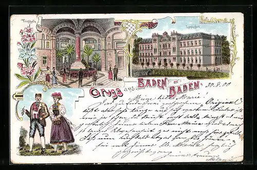 Lithographie Baden-Baden, Landesbad, Trinkhalle und Trachtenpaar