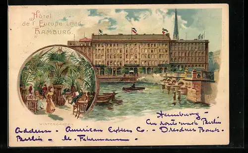 Lithographie Hamburg, Hotel de l`Europe Lmtd. mit Palmengarten