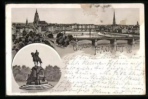 Lithographie Frankfurt a. M., Panorama mit Brücken, Denkmal Wilhelm I.