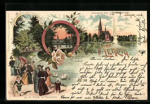 Lithographie Leipzig, An der Brücke im Johannapark, Kath. Kirche und Pleissenburg