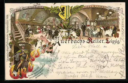 Lithographie Leipzig, Auerbach`s Keller, Faust-Keller, Göthe-Zimmer, Doctor Faustus