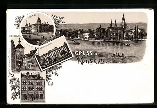 Lithographie Konstanz, Postgebäude, Schnetzthor, Rathaus