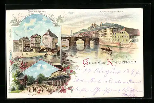 Lithographie Kreuznach, Brückenhäuser, Kurhaus und Blick zur Kauzenburg