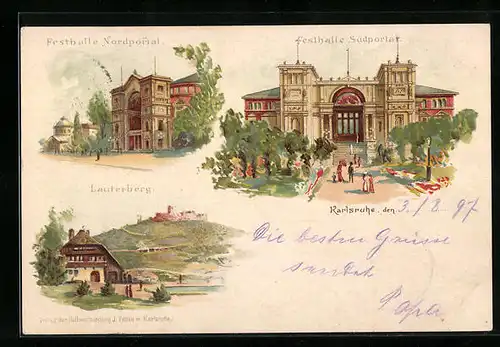 Lithographie Karlsruhe, Festhalle Nordportal & Südportal, Blick zum Lauterberg