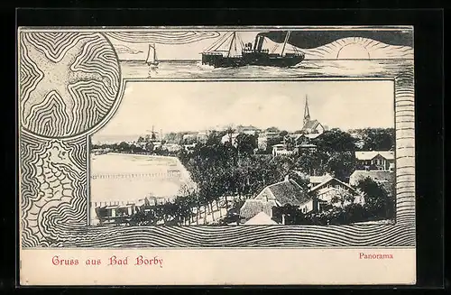 AK Bad Borby bei Eckernförde, Panorama, Segelschiffe, Seepferdchen und -stern