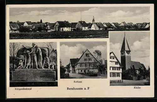 AK Bernhausen a. F., Panorama, Kriegerdenkmal, Rathaus