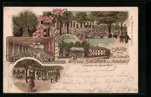 Lithographie Berlin-Grunewald, Wirtshaus Schildhorn, Inh. Rud. Schmidt, Aussen- und Innenansichten