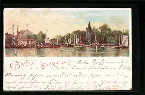 Lithographie Berlin-Stralau, Blick zum Ort