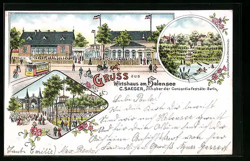 Lithographie Berlin-Halensee, Wirtshaus C. Saeger mit Strassenbahn