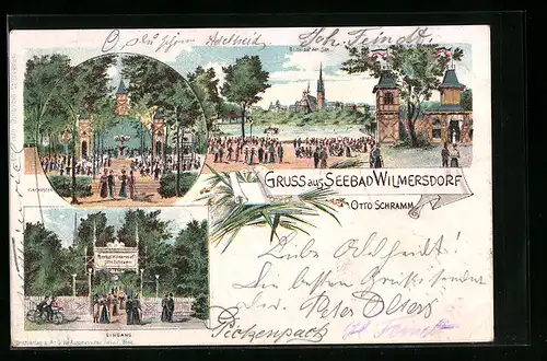 Lithographie Berlin-Wilmersdorf, Gasthaus Seebad Wilmersdorf Otto Schramm mit Garten und Ortsblick