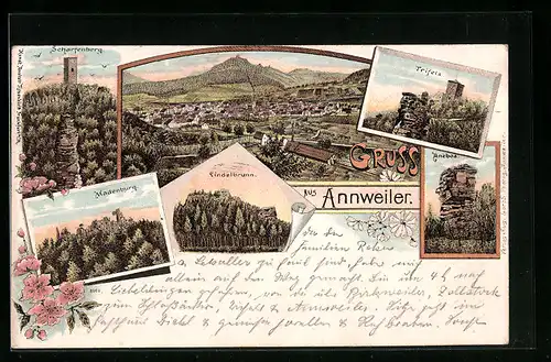 Lithographie Annweiler, Trifels, Madenburg, Scharfenberg