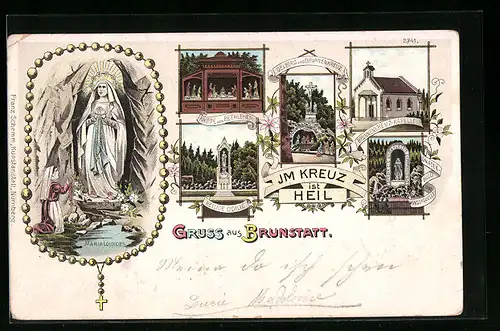Lithographie Brunstatt, Maria Lourdes, Brunnenkreuzkapelle, Heilige Odilie