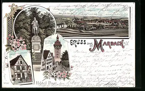 Lithographie Marbach a. N., Gasthof zur Post & Torturm, Schiller`s Geburtshaus, Schiller-Denkmal