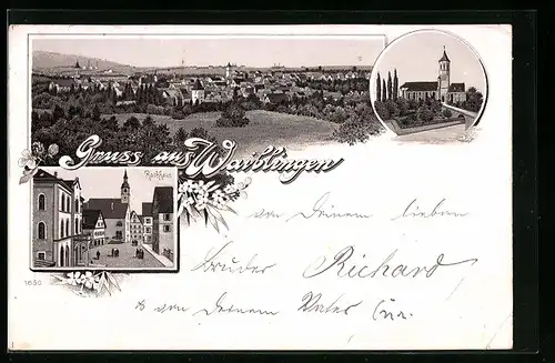 Lithographie Waiblingen, Teilansicht, Rathaus, Kirche