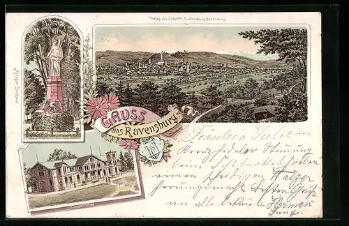 Lithographie Ravensburg, Turnhalle, Kriegerdenkmal, Gesamtansicht, Wappen