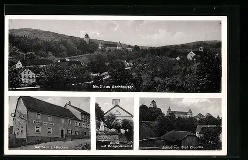 AK Aschhausen, Gasthaus zum Hirschen, Kirche mit Kriegerdenkmal, Schloss von Graf Zeppelin