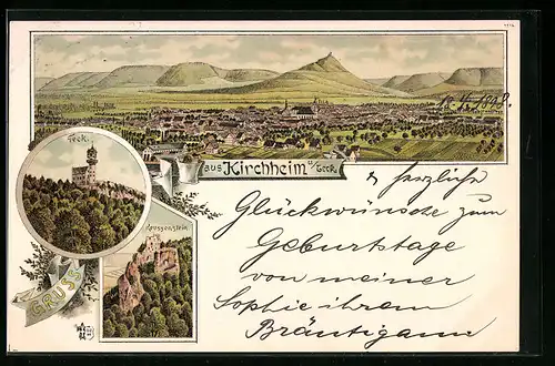Lithographie Kirchheim-Teck, Teilansicht, Teck, Reussenstein