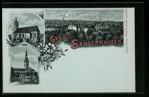 Mondschein-Lithographie Sangerhausen, Kirchen, Teilansicht aus der Vogelschau