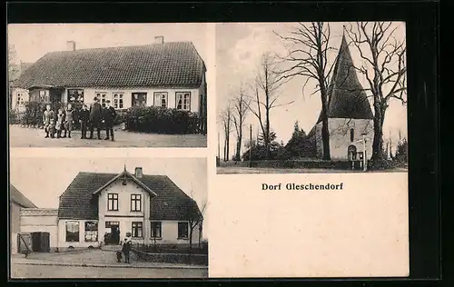 AK Dorf Gleschendorf, Gebäude mit Gruppe, Anwesen, Kirche