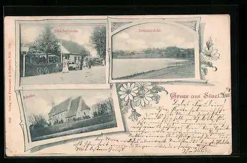 Passepartout-AK Süsel, Gasthaus Süselerbaum, Totalansicht, Kirche