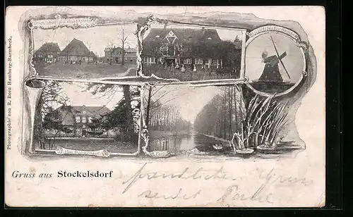 Passepartout-AK Stockelsdorf, Windmühle, Herrenhaus, Marktplatz