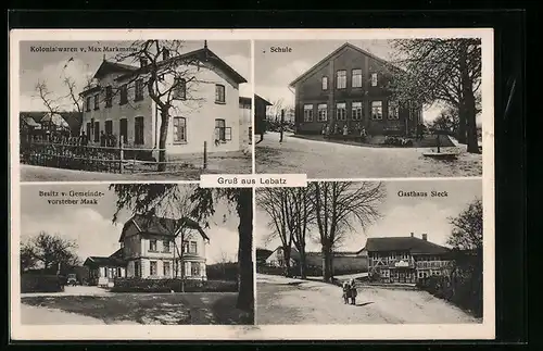 AK Lebatz, Kolonialwaren Markmann, Gasthaus Sieck, Haus des Gemeindevorstehers