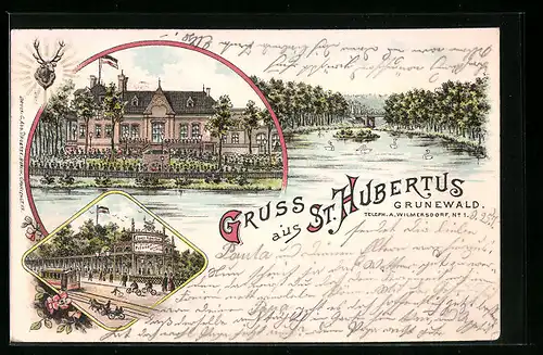 Lithographie Berlin-Grunewald, Blick auf Gasthaus St. Hubertus, Strassenbahn