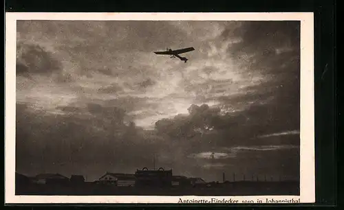 Lithographie Berlin-Johannisthal, Antoinette-Eindecker-Flugzeug über dem Flugplatz