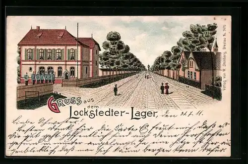 Lithographie Lockstedter Lager, Strassenpartie mit Lagereingang und Soldaten vor einem Gebäude