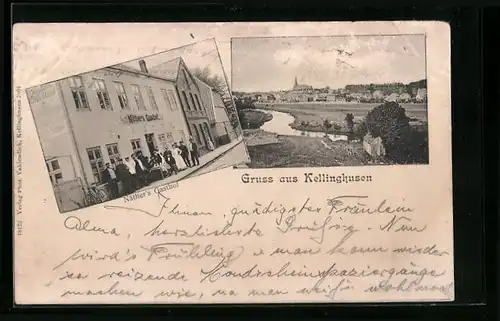 Passepartout-AK Kellinghusen, Näthers Gasthof, Ortspanorama mit Fluss