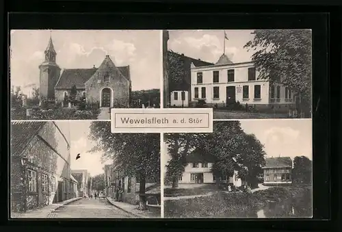 AK Wewelsfleth /Stör, Ortspartie, Strassenpartie, Flachgebäude mit Fahne