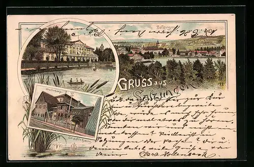 Lithographie Salzungen, Kurhaus, Gradirhaus, Ortsansicht