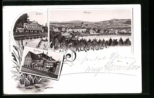 Lithographie Salzungen, Ortsansicht, Kurhaus und Gradierhaus