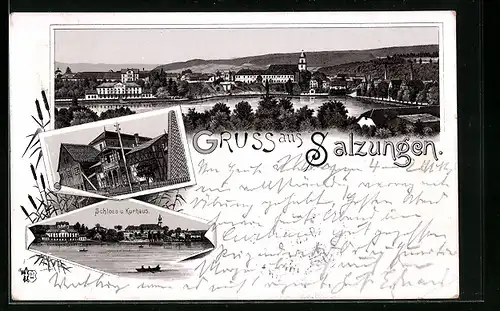 Lithographie Salzungen, Schloss und Kurhaus, Ortsansicht