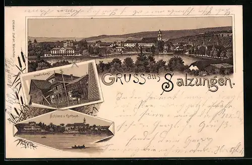 Lithographie Salzungen, Gradirhaus, Schloss und Kurhaus, Panorama