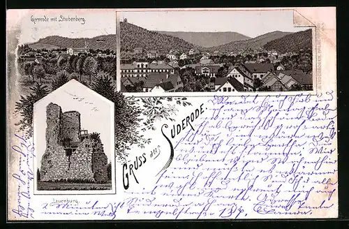 Lithographie Suderode, Panorama mit Ruine Lauenburg, Blick nach Gernrode mit Stubenberg