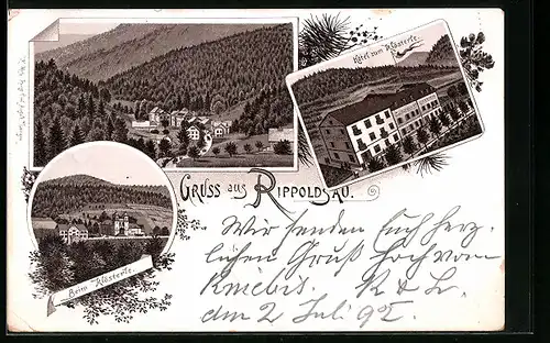 Vorläufer-Lithographie Rippoldsau, 1892, Hotel zum Klösterle, Beim Klösterle, Ortsansicht aus der Vogelschau
