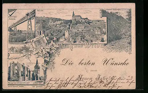 Lithographie Weida, Schützthal-Viadukt, Ruine der Wiedenkirche, Ortsansicht aus der Vogelschau