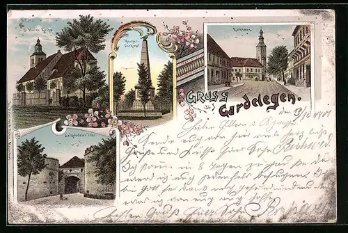 Lithographie Gardelegen, St. Marien Kirche, Salzwedeler Thor, Krieger-Denkmal, Rathhaus