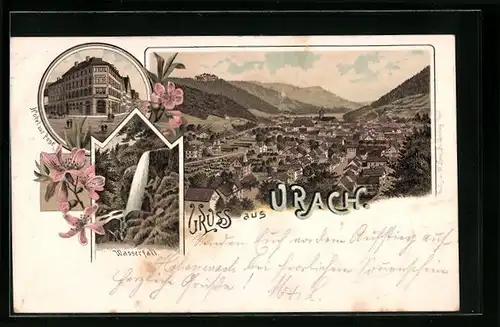 Lithographie Urach, Hotel zur Post, Wasserfall, Gesamtansicht