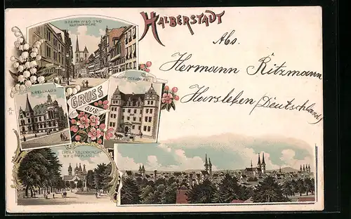 Lithographie Halberstadt, Breiter Weg & Martinikirche, Kreishaus, Hauptsteueramt, Liebfrauenkirche m. Domplatz