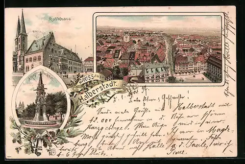 Lithographie Halberstadt, Rathhaus, Krieger-Denkmal, Ortsansicht aus der Vogelschau