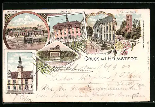 Lithographie Helmstedt, Universitätsgebäude 1576-1809, Harbker Ruine, Herzogl. Gymnasium, Bahnhof, Stadthaus